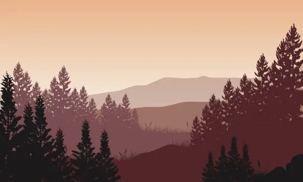 Vector illustration of Mountain view with stunning pine tree silhouette from outside the village at dusk