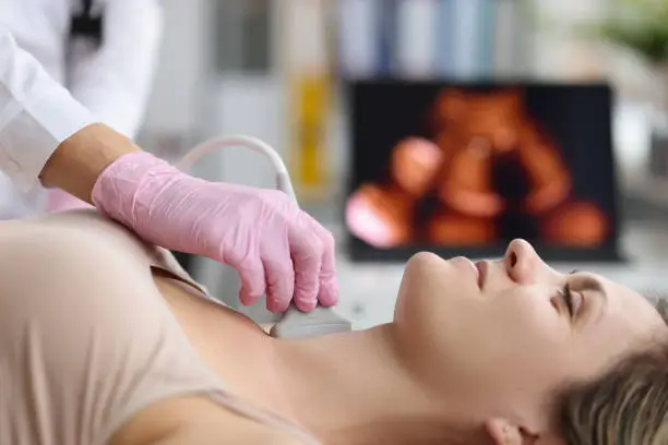 Photo of Doctor making ultrasound of thyroid gland to woman patient in clinic