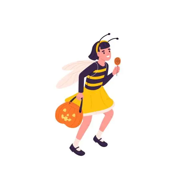 Vector illustration of Kid in Halloween party costume of cute bee, walking with lollipop. Happy girl with pumpkin and candies running. Disguised child for fall carnival. Flat vector illustration isolated on white background