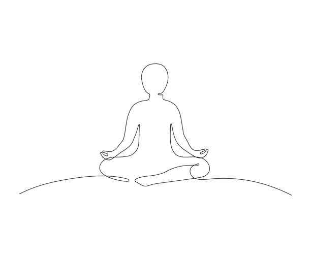 연꽃에 앉아있는 사람은 요가 명상, 라인 아트를 포즈. 연속 검정 한 줄 도면. 실루엣 여성 위치 연꽃 침착 유지, 휴식, 복구 에너지. 벡터 일러스트레이션 - men yoga meditating cross legged stock illustrations