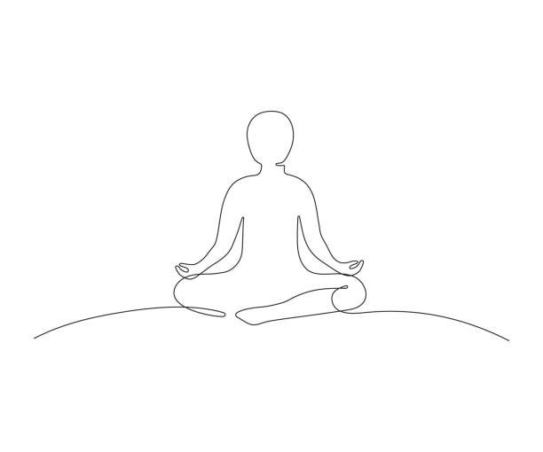 Person sitting in lotus pose yoga meditation, line art. Continuous black one line drawing. Silhouette woman in position lotus for keep calm, relax, recovery energy. Vector illustration Person sitting in lotus pose yoga meditation, line art. Continuous black one line drawing. Silhouette woman in position lotus for keep calm, relax, recovery energy. Vector yoga lotus position meditating women stock illustrations