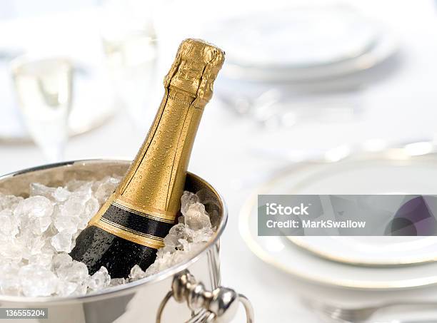 Champagne In Bucket Stock Photo - Download Image Now - Champagne, Bottle, Plate