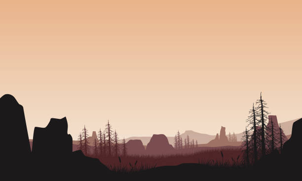oszałamiający widok na góry z suchymi drzewami wschód słońca z krawędzi klifu o zmierzchu po południu - dry landscape panoramic grass stock illustrations