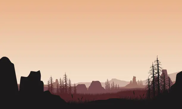 Vector illustration of Stunning mountain view with dry trees sunrise from the cliff edge at dusk in the afternoon