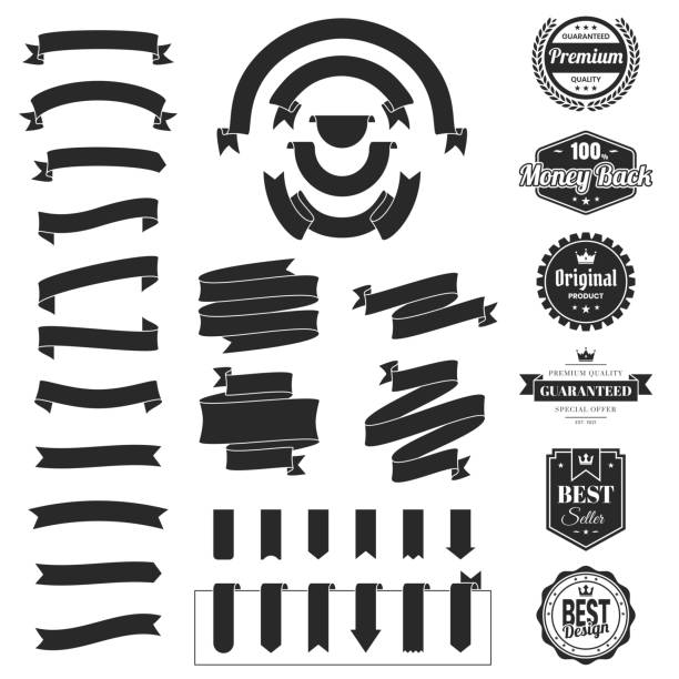 Set of Black ribbons, banners, badges and labels, isolated on a blank background. Elements for your design, with space for your text. Vector Illustration (EPS10, well layered and grouped). Easy to edit, manipulate, resize or colorize.
