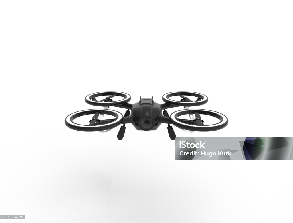 3D illustration of a black drone isolated in white background 3D illustration 3D rendering of a black camera drone isolated in white background. Drone Stock Photo