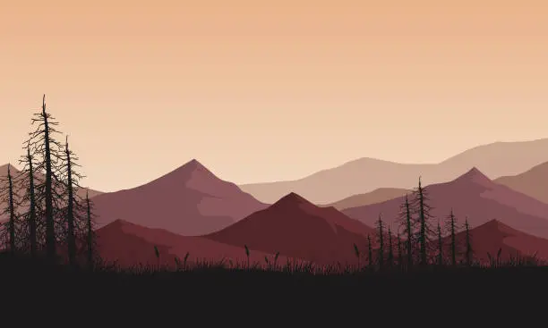 Vector illustration of Beautiful view of mountains with dry tree silhouettes at the edge of the village