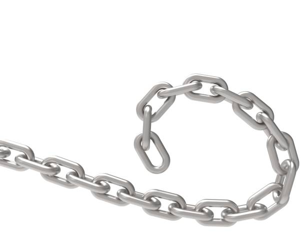 istock 3D rendering of a curling flowing metal chain on white background. 1365554635