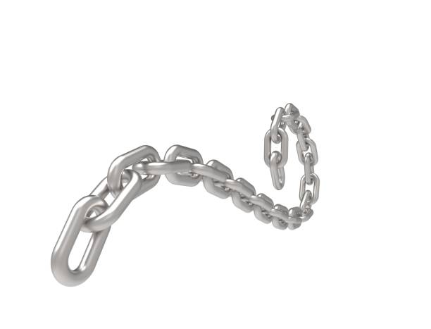 3D rendering of a curling flowing metal chain on white background.