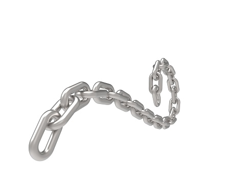 3D rendering 3D illustration of a curling flowing metal chain on white background.