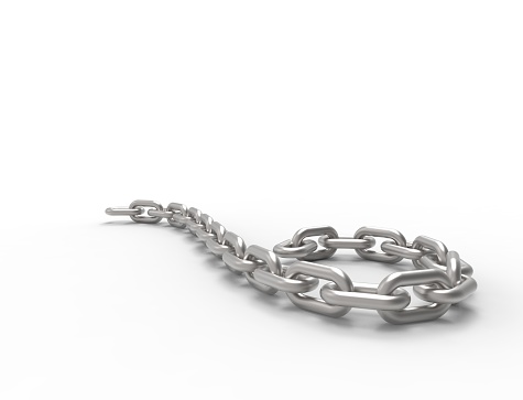 3D rendering 3D illustration of a curling flowing metal chain on white background.