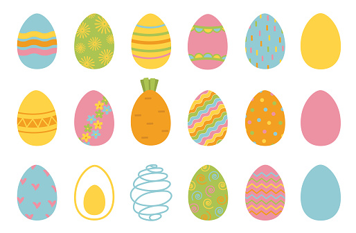 Colorful Easter egg set on a white background. Design elements for holiday cards, banners, posters. Easter collection with different texture. Cartoon flat style Vector illustration