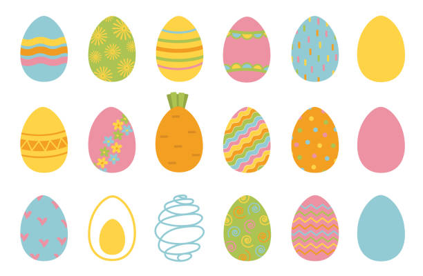Colorful Easter egg set on a white background. Design elements for holiday cards, banners, posters. Colorful Easter egg set on a white background. Design elements for holiday cards, banners, posters. Easter collection with different texture. Cartoon flat style Vector illustration easter vector holiday design element stock illustrations