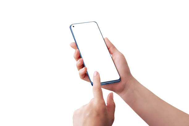 istock Modern smart phone in woman hands. Left hand touch screen concept. Isolated display and background in white 1365558394