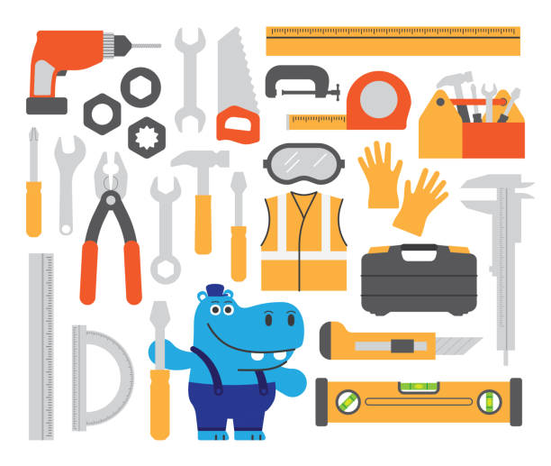 ilustraciones, imágenes clip art, dibujos animados e iconos de stock de herramientas de hardware handyman repairman mechanic maintenance toolbox conjunto de iconos - maintenance engineer work tool hammer instrument of measurement