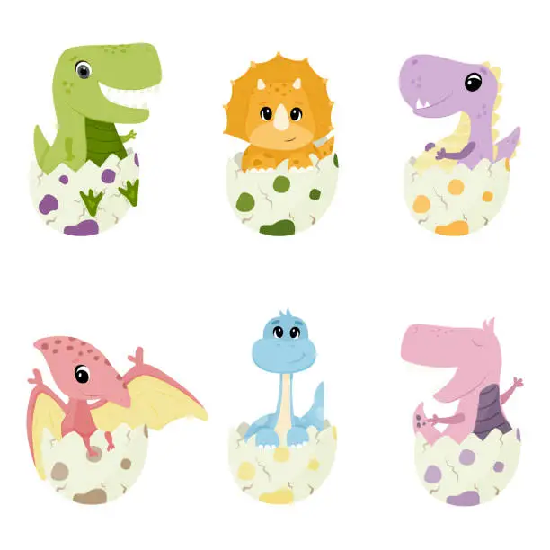 Vector illustration of Set of cute baby dinosaurs in an egg shell. Cute baby tyrannosaurus, brontosaurus, triceratops, diplodocus, pterodactyl. Dragon in egg