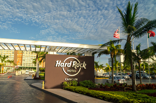 Cancun, Mexico - 16 September 2021: Hard Rock Cancun Hotel sign at the entrance of hotel. Luxury resort on Mayan Riviera, Yucatan Peninsula