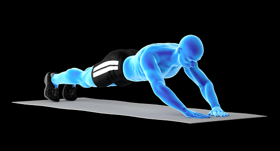 3D illustration of a fit man, doing extended plank exercise. Muscles in Highlight. Great to be used in medicine works and health. Isolated on a black background.