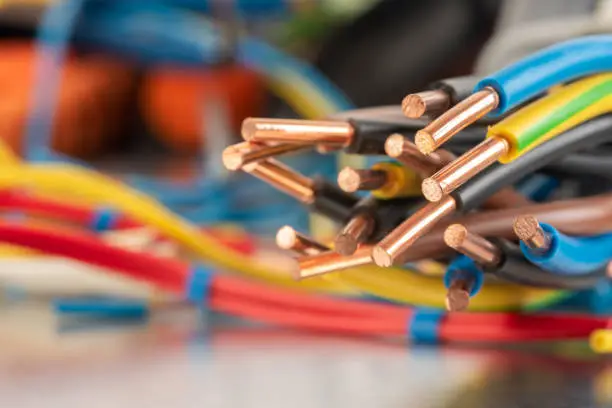 Copper cable wire used in electrical installation close-up