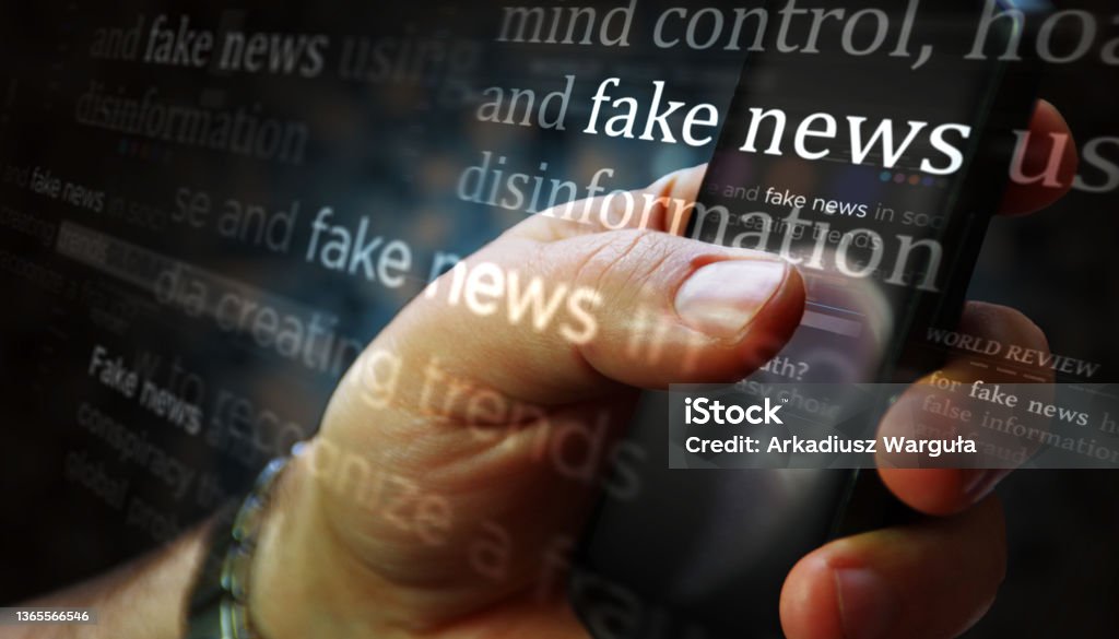 Titles on screen in hand with fake news and hoax information 3d illustration Social media on display with fake news and hoax information. Searching on tablet, pad, phone or smartphone screen in hand. Abstract concept of news titles broadcasting 3d illustration. Fake News Stock Photo