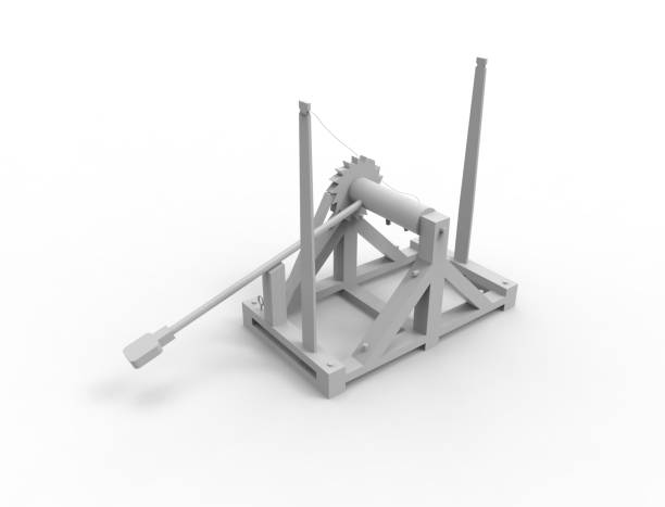 rendering 3d di una catapulta di leonardo da vinci su sfondo bianco - slingshot weapon medieval siege foto e immagini stock