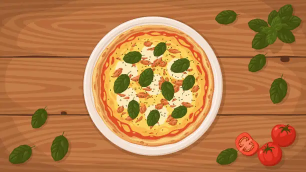 Vector illustration of Italian style Pizza al Tonno on a plate.