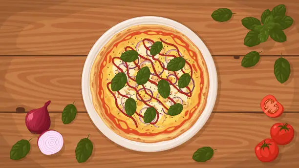 Vector illustration of BBQ Chicken Pizza on a plate.