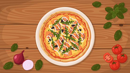 Detailed flat vector illustration of a delicious California-Style Pizza on a plate surrounded with fresh ingredients.