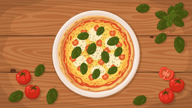 пицца в итальянском стиле капрезе на тарелке. - oregano freshness herb brown stock illustrations