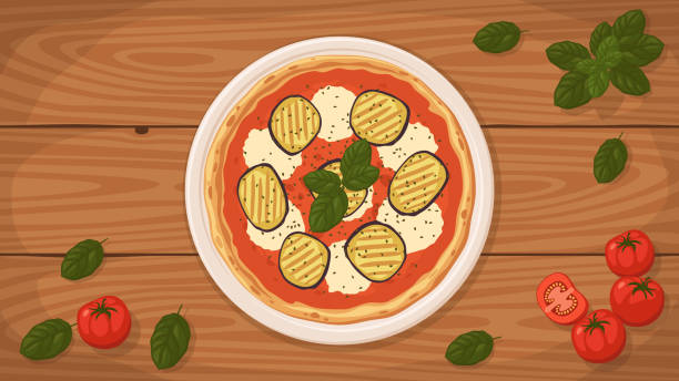 пицца melanzane в итальянском стиле на тарелке. - oregano freshness herb brown stock illustrations