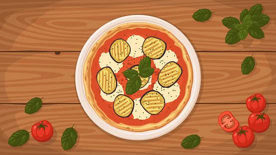 Detailed flat vector illustration of a delicious Italian style Pizza Melanzane on a plate surrounded with fresh ingredients.