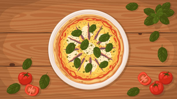 bildbanksillustrationer, clip art samt tecknat material och ikoner med italian style pizza romana on a plate. - tallrik med fisk