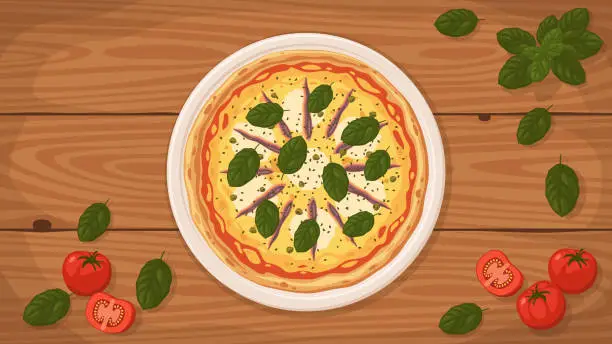 Vector illustration of Italian style Pizza Romana on a plate.