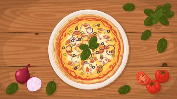 Vector illustration of Italian style Pizza Tonno e Cipolla on a plate.