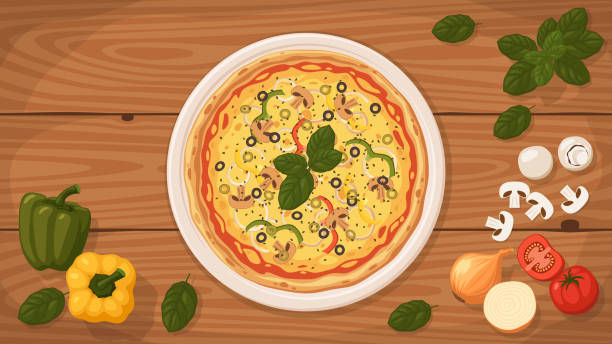 illustrazioni stock, clip art, cartoni animati e icone di tendenza di pizza vegetariana in stile italiano su un piatto. - pepperoni pizza green olive italian cuisine tomato sauce