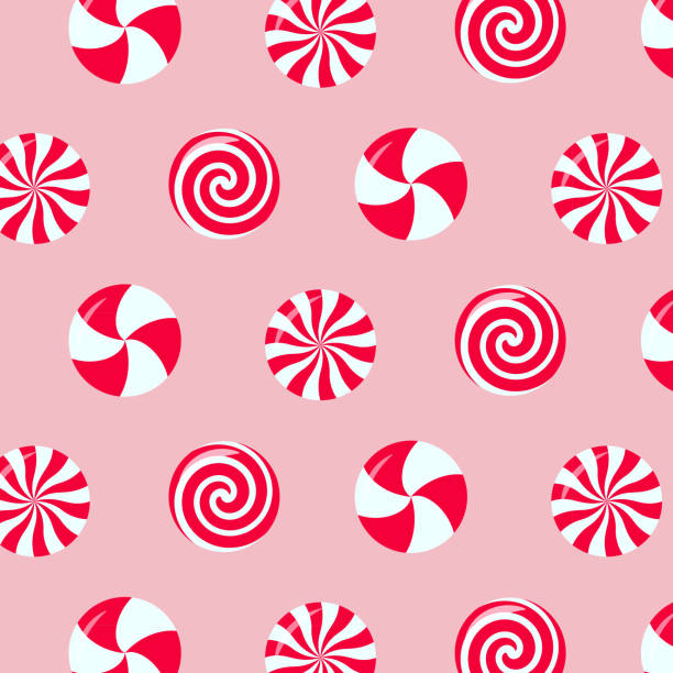 christmas peppermint swirl candies seamless pattern. - lolipop illüstrasyonlar stock illustrations