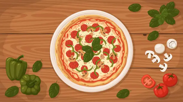 Vector illustration of Delicious Windsor-Style Pizza on a plate.