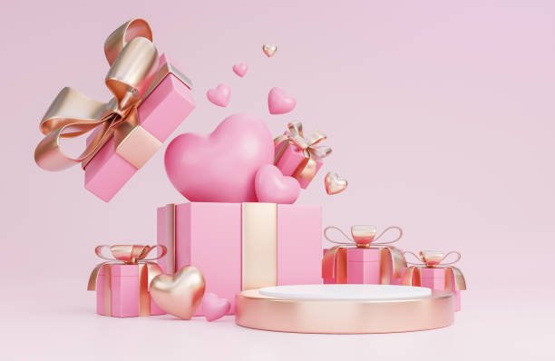istock Happy valentine's day with 3d empty podium and romantic valentine decorations on pink background.,3d model and illustration. 1365571926