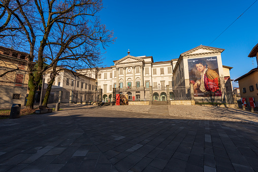 Bergamo, Italy - January 6, 2022: Accademia Carrara, Art Museum, Art Gallery and Academy of Fine Arts with over six hundred artworks from the 15th to the 19th century with Italian, Flemish and Dutch pictorial schools in Bergamo downtown, Piazza Giacomo Carrara, Lombardy, Italy, Europe.