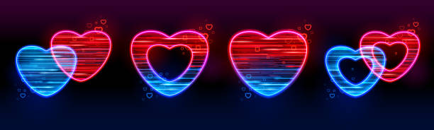 istock Set of neon glowing hearts mobile iu ux games icons isolated on black background. Vector loving emotion ans passion symbols of love in red and blue colors, romantic holiday Valentines day signs 1365574047