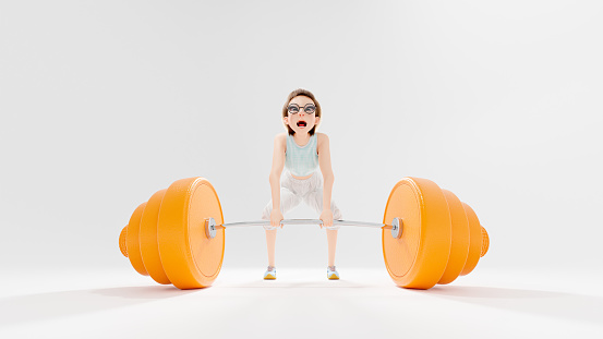 Cheeky little girl with short hair. Try your best to lift orange weights in light room. light shine from the side and back. 3D Render.