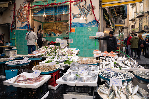 Naples, Italy, January 4, 2022: Fish Market on the street quartieri spagnoli ward