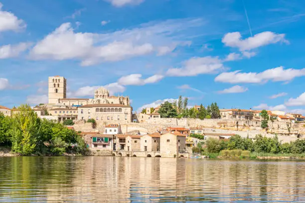 Panoramic view of the city of Zamora from the Duero river, Spain.