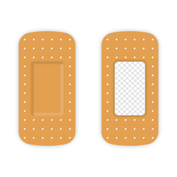 ilustrações de stock, clip art, desenhos animados e ícones de adhesive medical plaster strip bandage. antibacterial sticky bandaid. sticker patch assistance for first aid. elastic patch for protection wound, damage. isolated vector illustration - bandage wound first aid gauze