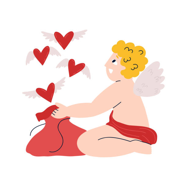 angel for valentine's day. cupid releases hearts with wings from the bag.  flat hand drown vector illustration on white bacground. angel for valentine's day. cupid releases hearts with wings from the bag.  flat hand drown vector illustration on white bacground. winged cherub stock illustrations