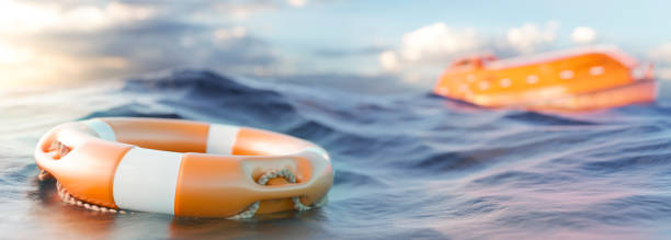 istock Rescue ring and boat in the sea 3d render 1365579020