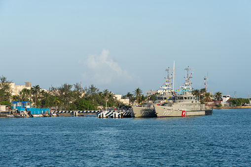 Isla Mujeres, Quintana Roo, Mexico - September 13, 2021: Military ships of the Mexican Navy, in Isla Mujeres next to the ferry port