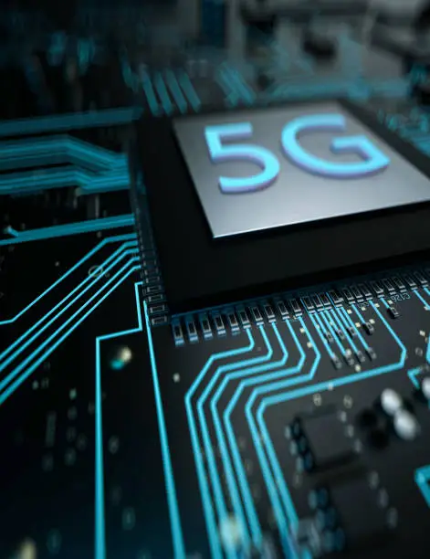 Modern 5G processor circuitboard close up concept 3d render