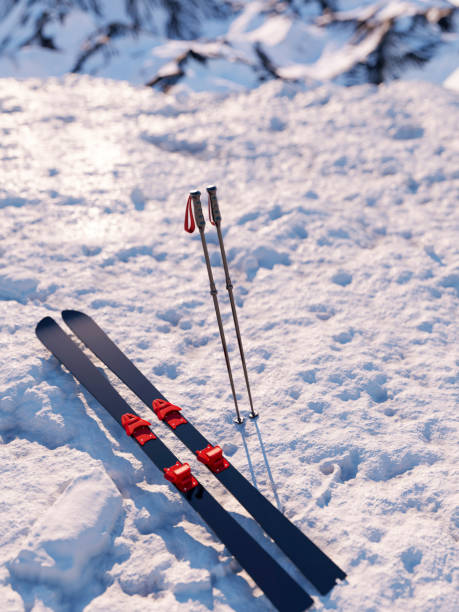 istock Ski poles and skis in the snow 3d render 1365579270