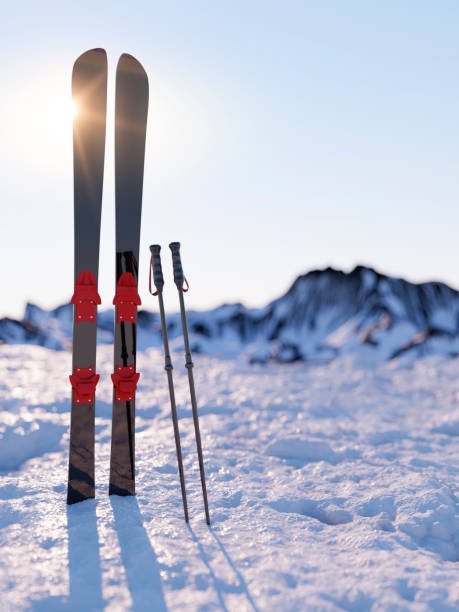 postes de esqui e esquis na renderização 3d de neve - ski pole - fotografias e filmes do acervo